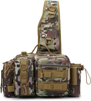 Small Fly Fishing Sling Bag for Men Fishing Tackle Bag with Rod Holder Waterproof Tackle Shoulder Pack for Outdoor Camping Climbing (Khaki Camo)