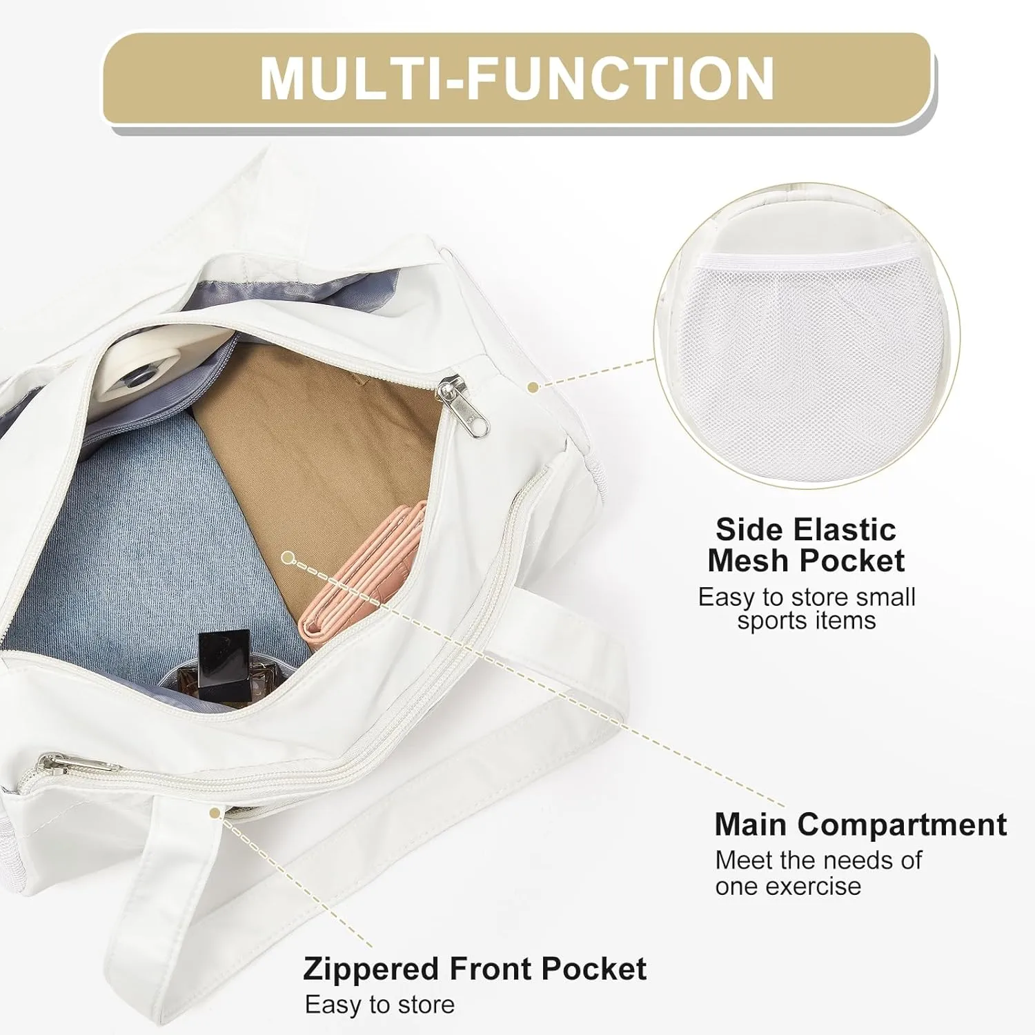 Small Gym Bag 13.78"x6.7"x6.7" Carry On Duffel Bag, Mini Personal Item Bag Lightweight Tote Weekender Overnight Bags for Women and Men Sports, Traveling, Swimming, Yoga (Cream Color)