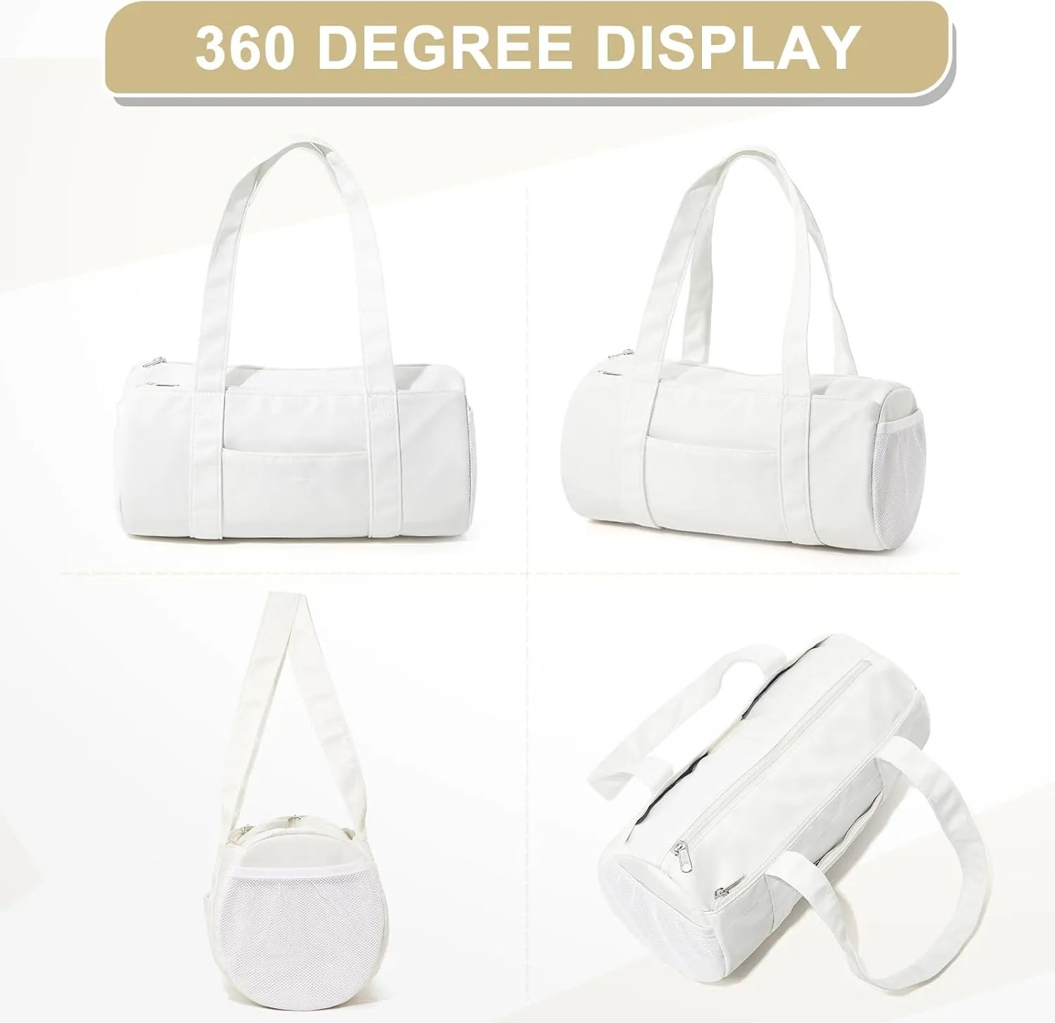 Small Gym Bag 13.78"x6.7"x6.7" Carry On Duffel Bag, Mini Personal Item Bag Lightweight Tote Weekender Overnight Bags for Women and Men Sports, Traveling, Swimming, Yoga (Cream Color)
