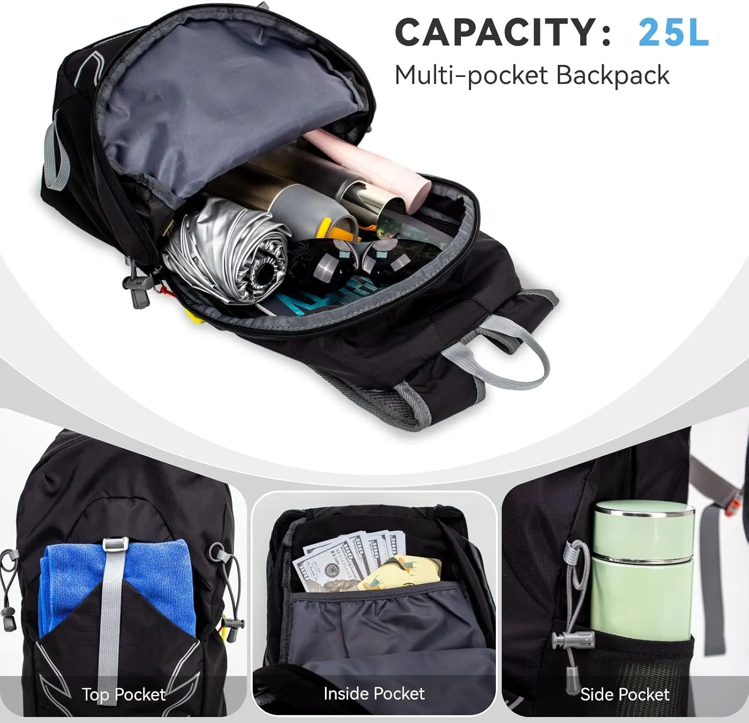 Small Lightweight Hiking Backpack，25L Foldable Hiking Daypack Cycling Hydration Backpack Travel Camping Bag