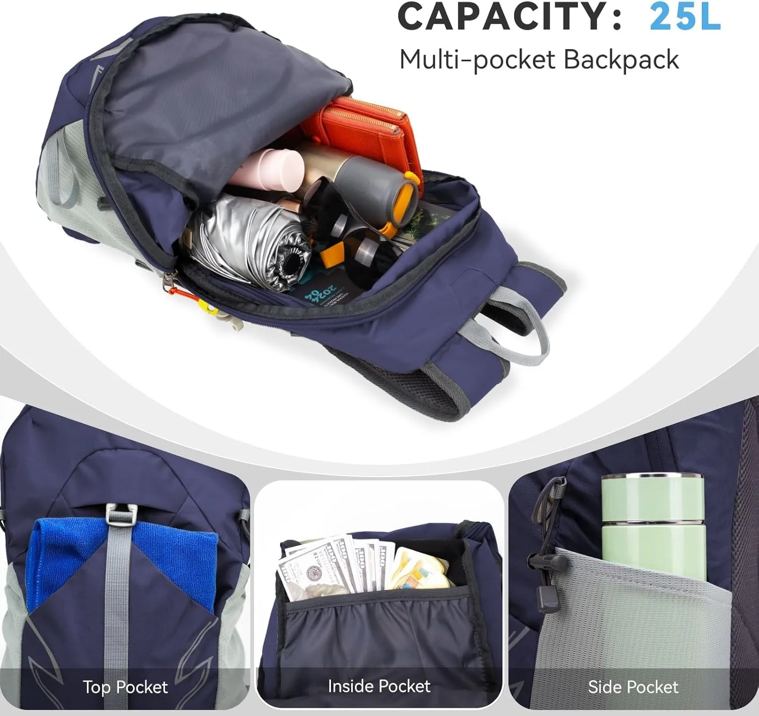Small Lightweight Hiking Backpack，25L Foldable Hiking Daypack Cycling Hydration Backpack Travel Camping Bag