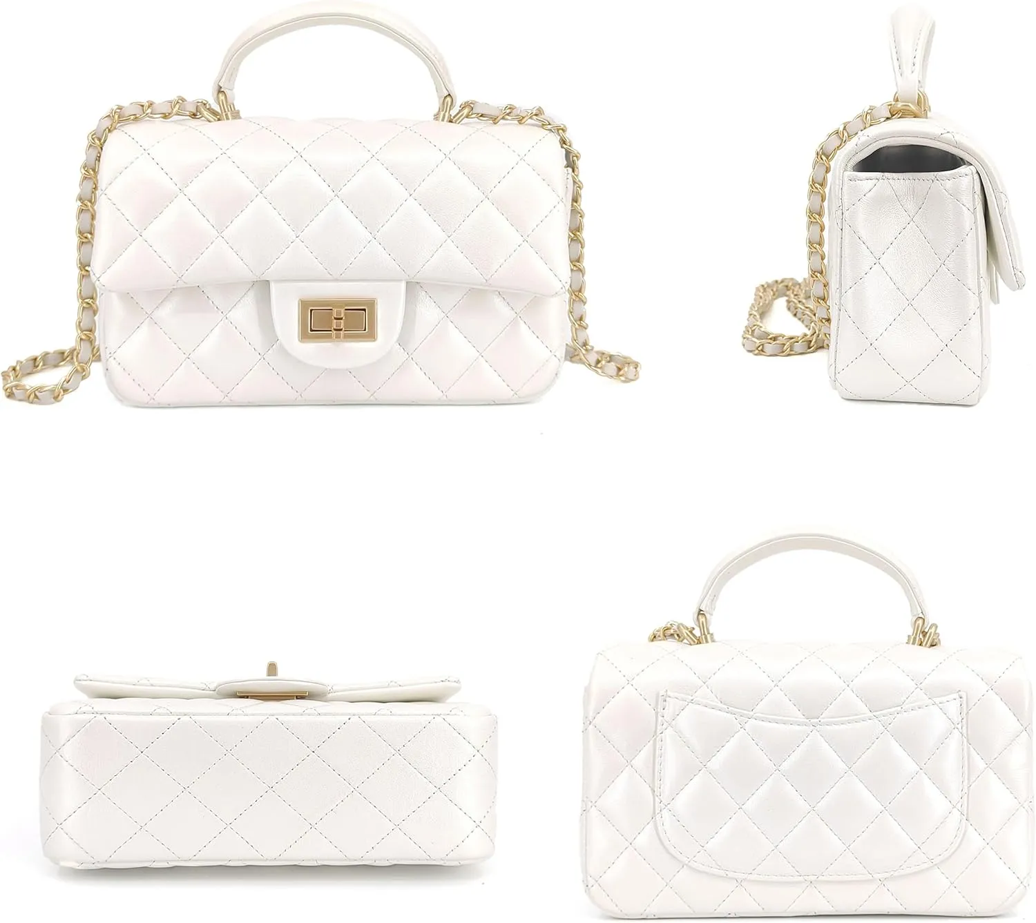 Small Quilted Crossbody Bags for Women, Genuine Leather Shoulder Bag w/Gold Chain Strap, Soft Mini Top Handle Flap Purse