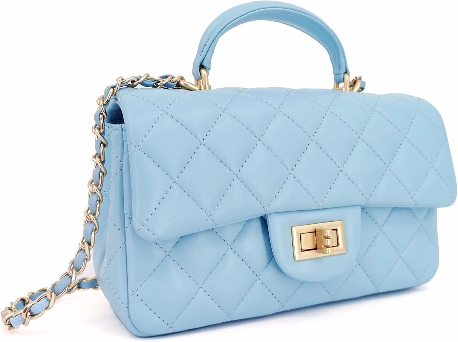 Small Quilted Crossbody Bags for Women, Genuine Leather Shoulder Bag w/Gold Chain Strap, Soft Mini Top Handle Flap Purse