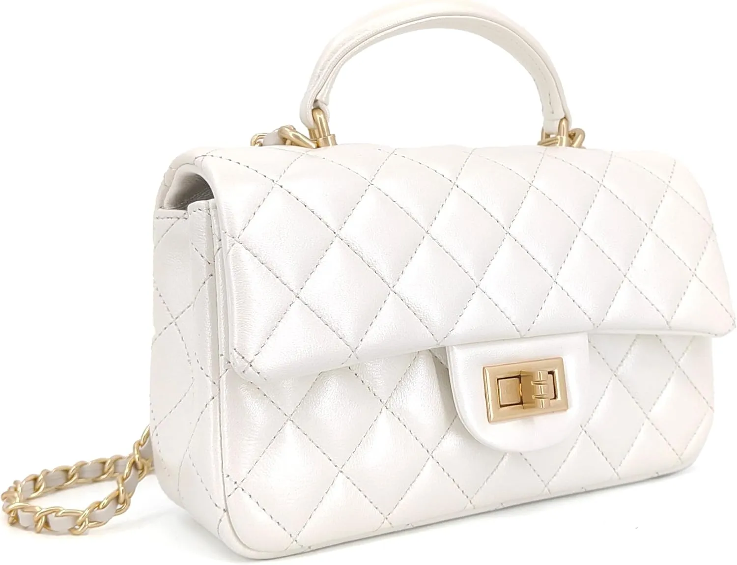 Small Quilted Crossbody Bags for Women, Genuine Leather Shoulder Bag w/Gold Chain Strap, Soft Mini Top Handle Flap Purse