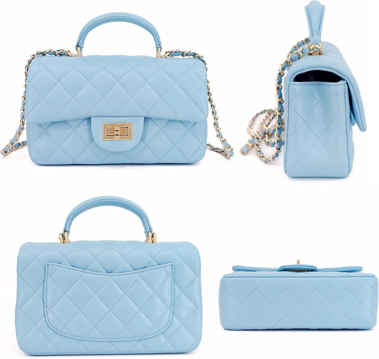 Small Quilted Crossbody Bags for Women, Genuine Leather Shoulder Bag w/Gold Chain Strap, Soft Mini Top Handle Flap Purse