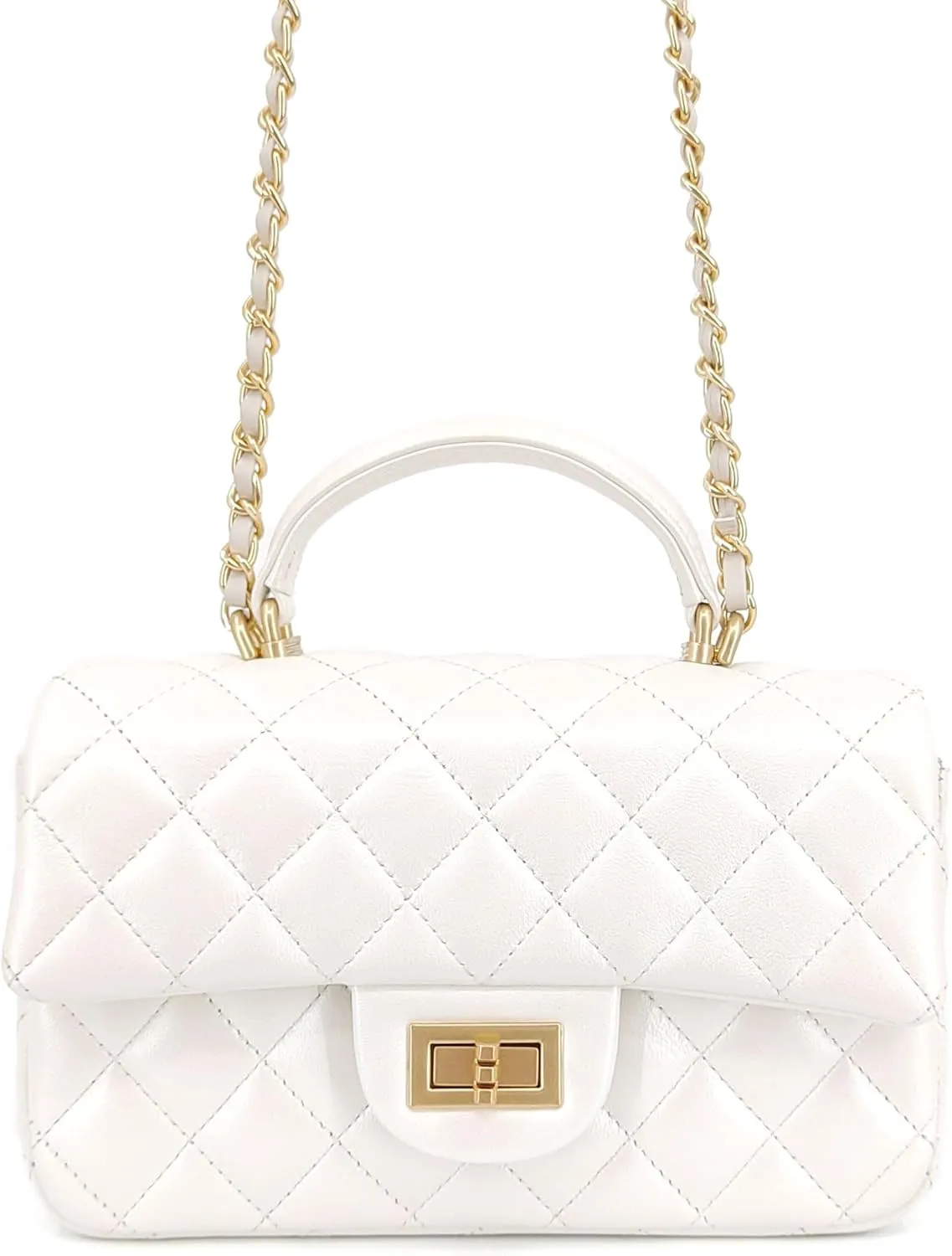 Small Quilted Crossbody Bags for Women, Genuine Leather Shoulder Bag w/Gold Chain Strap, Soft Mini Top Handle Flap Purse