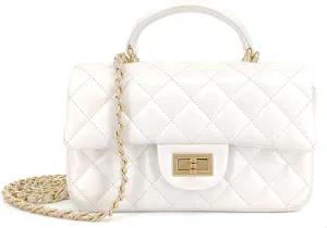 Small Quilted Crossbody Bags for Women, Genuine Leather Shoulder Bag w/Gold Chain Strap, Soft Mini Top Handle Flap Purse