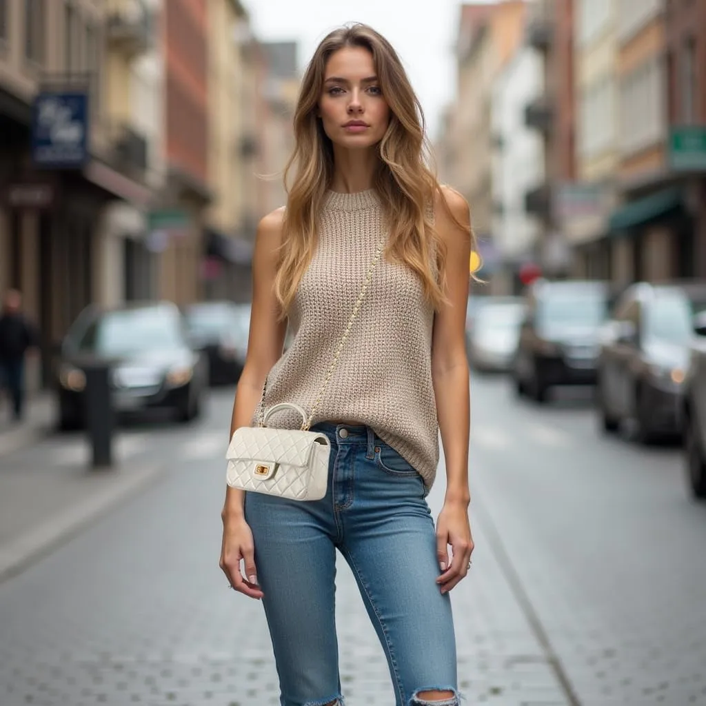 Small Quilted Crossbody Bags for Women, Genuine Leather Shoulder Bag w/Gold Chain Strap, Soft Mini Top Handle Flap Purse
