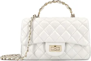 Small Quilted Crossbody Bags for Women, Soft Leather Shoulder Bag with Gold Chain Strap, Metal Top Handle Flap Evening Purse