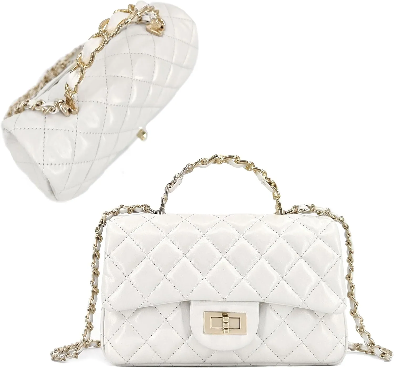 Small Quilted Crossbody Bags for Women, Soft Leather Shoulder Bag with Gold Chain Strap, Metal Top Handle Flap Evening Purse
