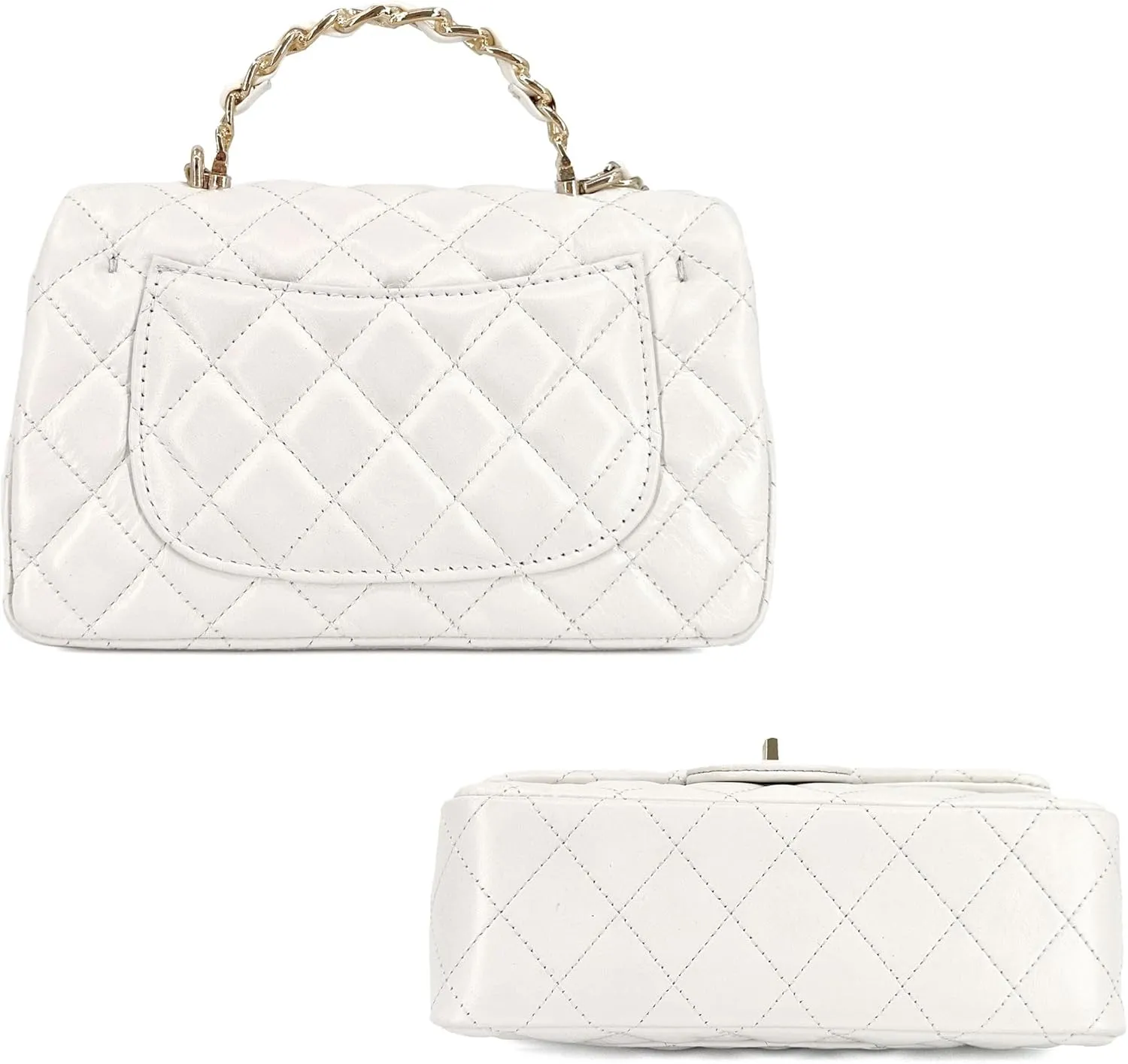 Small Quilted Crossbody Bags for Women, Soft Leather Shoulder Bag with Gold Chain Strap, Metal Top Handle Flap Evening Purse