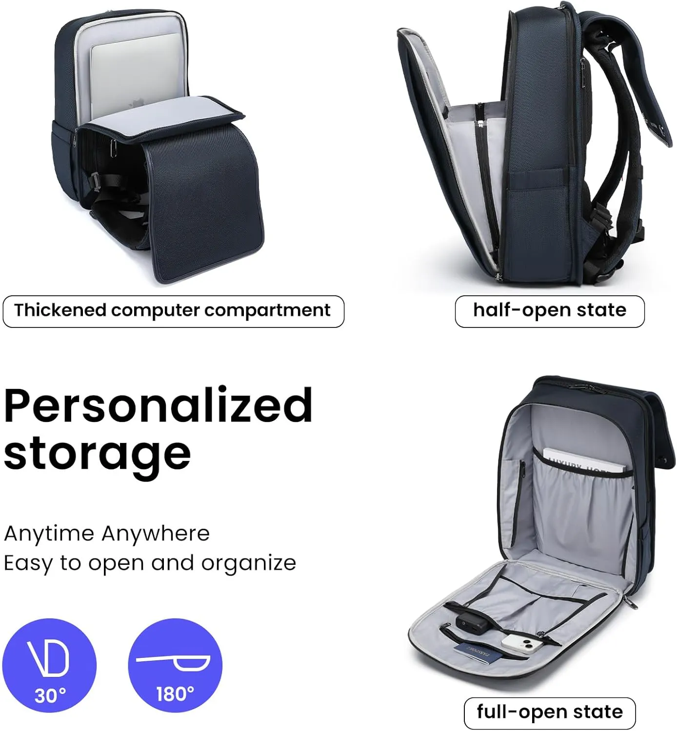 Smart Business Laptop Backpack Led Reflective Travel Backpack Three-Speed Adjustment Expandable Carry-On Laptop Bag for Cycling Work and Daily Use for Men Women,Dark Blue