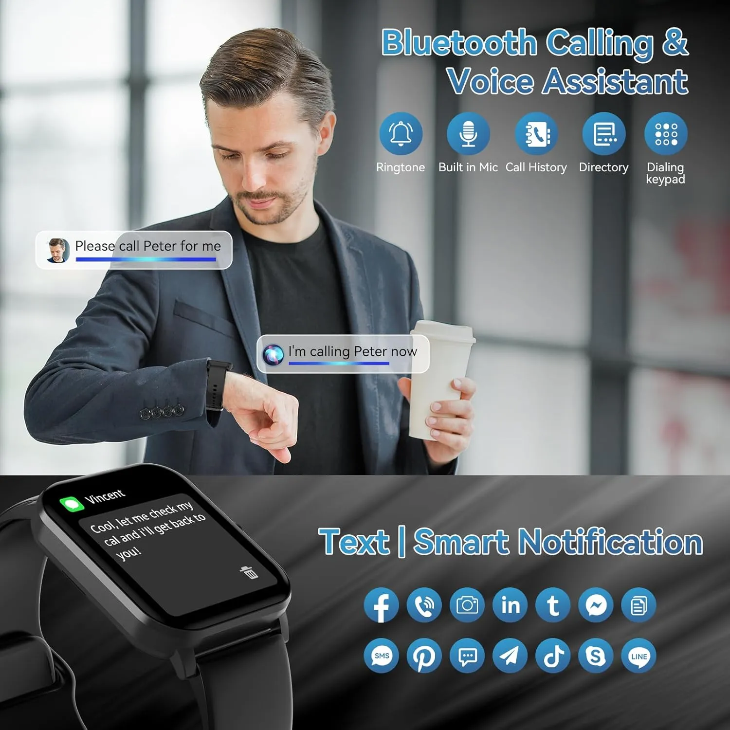 Smart Watch, 1.85" HD Smartwatch for Men Women (Answer/Make Calls), Fitness Watch with Heart Rate/Sleep/IP68 Waterproof/120  Sports Modes, Pedometer, Android Smart Watch for Android iOS (Black)