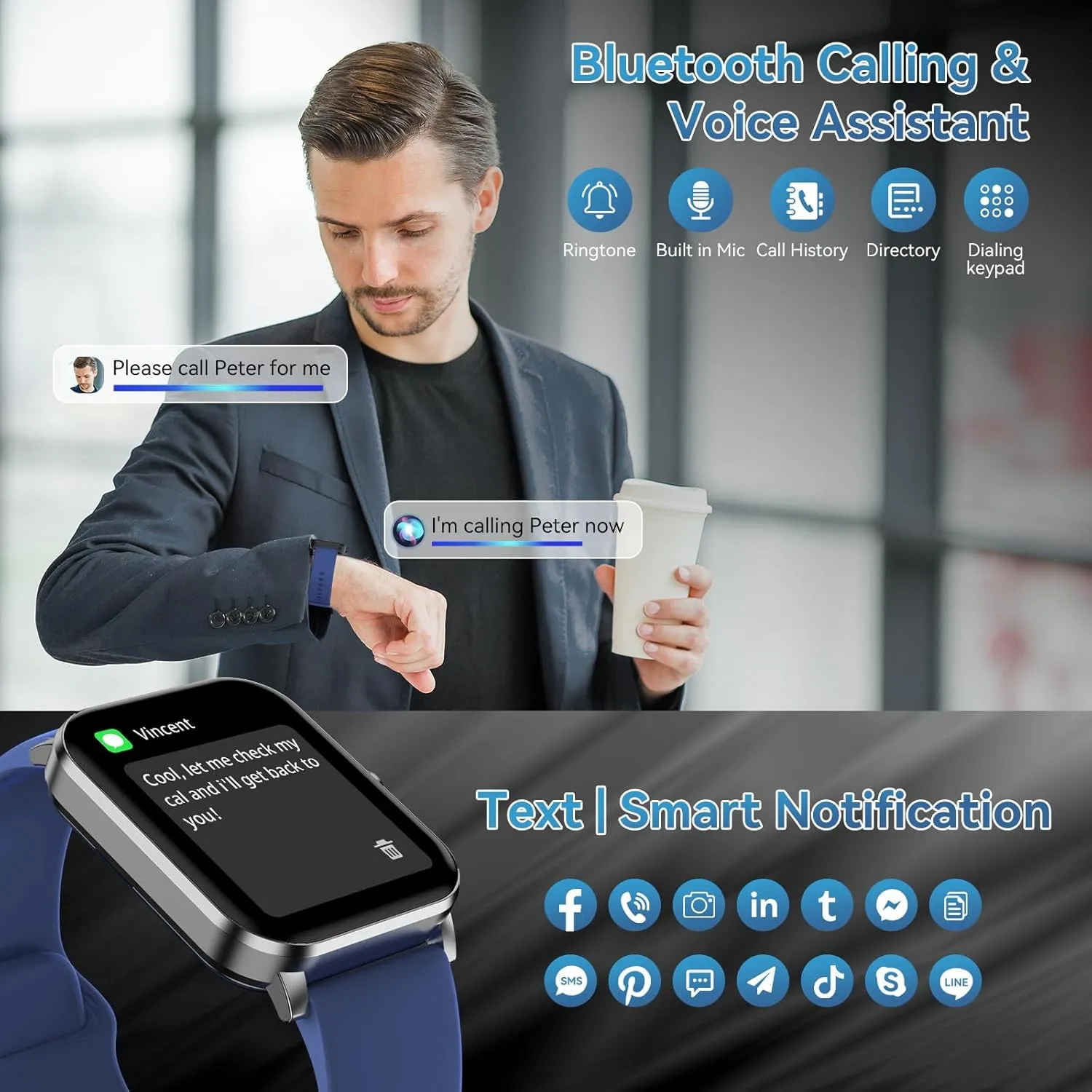 Smart Watch for Men Women with Bluetooth Call 1.85" HD Touch Screen Fitness Watch, 120  Sports Modes/Heart Rate/Sleep Monitor/IP68 Waterproof, Smartwatch for Android iOS (Blue)