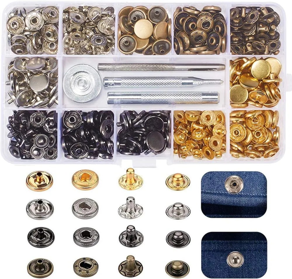 Snap Fastener Kit,Metal Snaps Buttons with Fixing Tools, 4 Color Clothing Snaps Kit for Clothing, Leather, Jacket, Jeans Wear, Bags, Bracelet