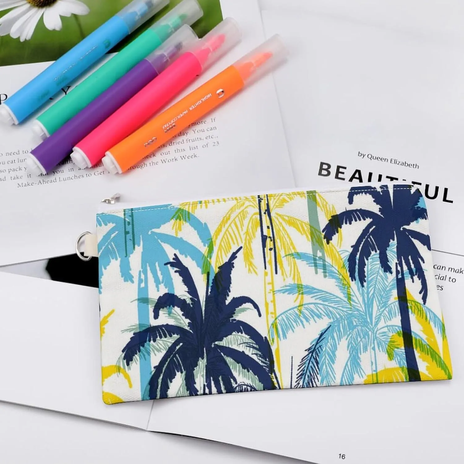Soft Clutch Wallet, Women Handbag Canvas Zipper Makeup Bag Holder Purse for Credit Coin Bills Crash 7.4x4.6 in Print Yellow Blue Palm Tree Leaves Seamless On White