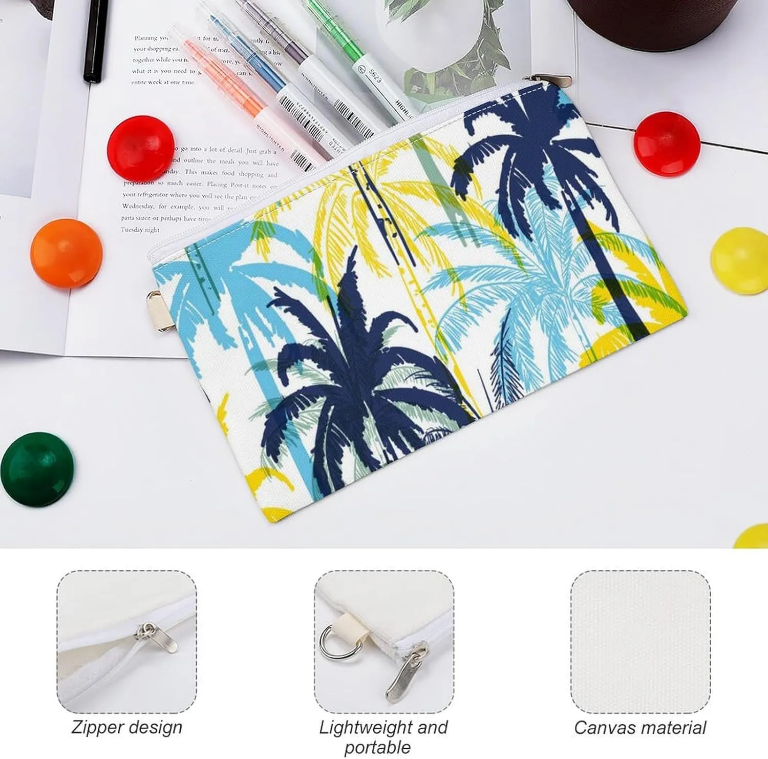 Soft Clutch Wallet, Women Handbag Canvas Zipper Makeup Bag Holder Purse for Credit Coin Bills Crash 7.4x4.6 in Print Yellow Blue Palm Tree Leaves Seamless On White