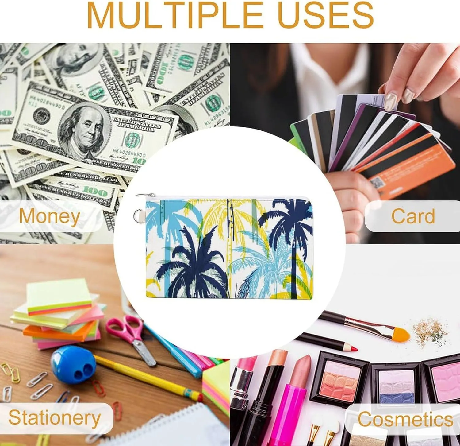 Soft Clutch Wallet, Women Handbag Canvas Zipper Makeup Bag Holder Purse for Credit Coin Bills Crash 7.4x4.6 in Print Yellow Blue Palm Tree Leaves Seamless On White