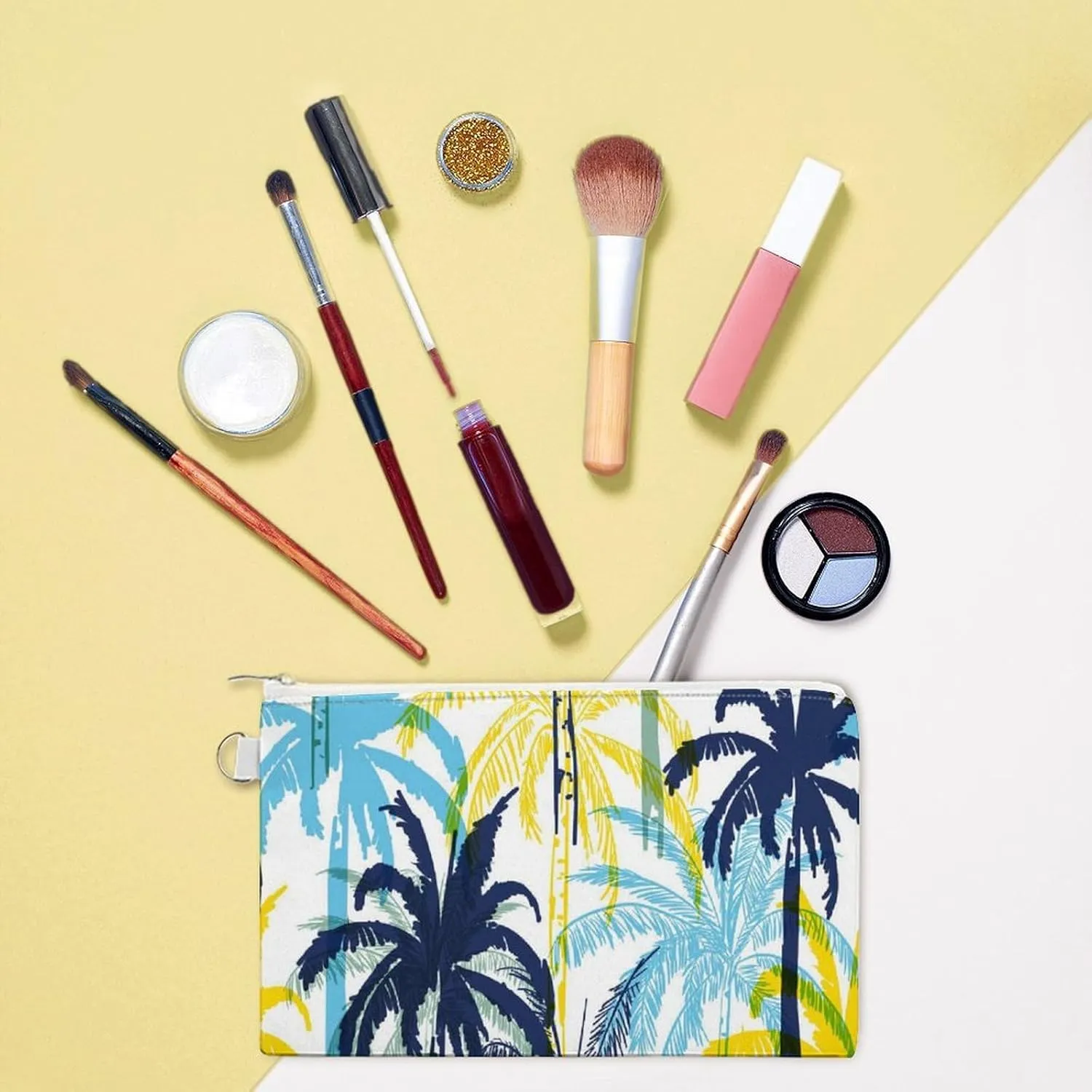 Soft Clutch Wallet, Women Handbag Canvas Zipper Makeup Bag Holder Purse for Credit Coin Bills Crash 7.4x4.6 in Print Yellow Blue Palm Tree Leaves Seamless On White