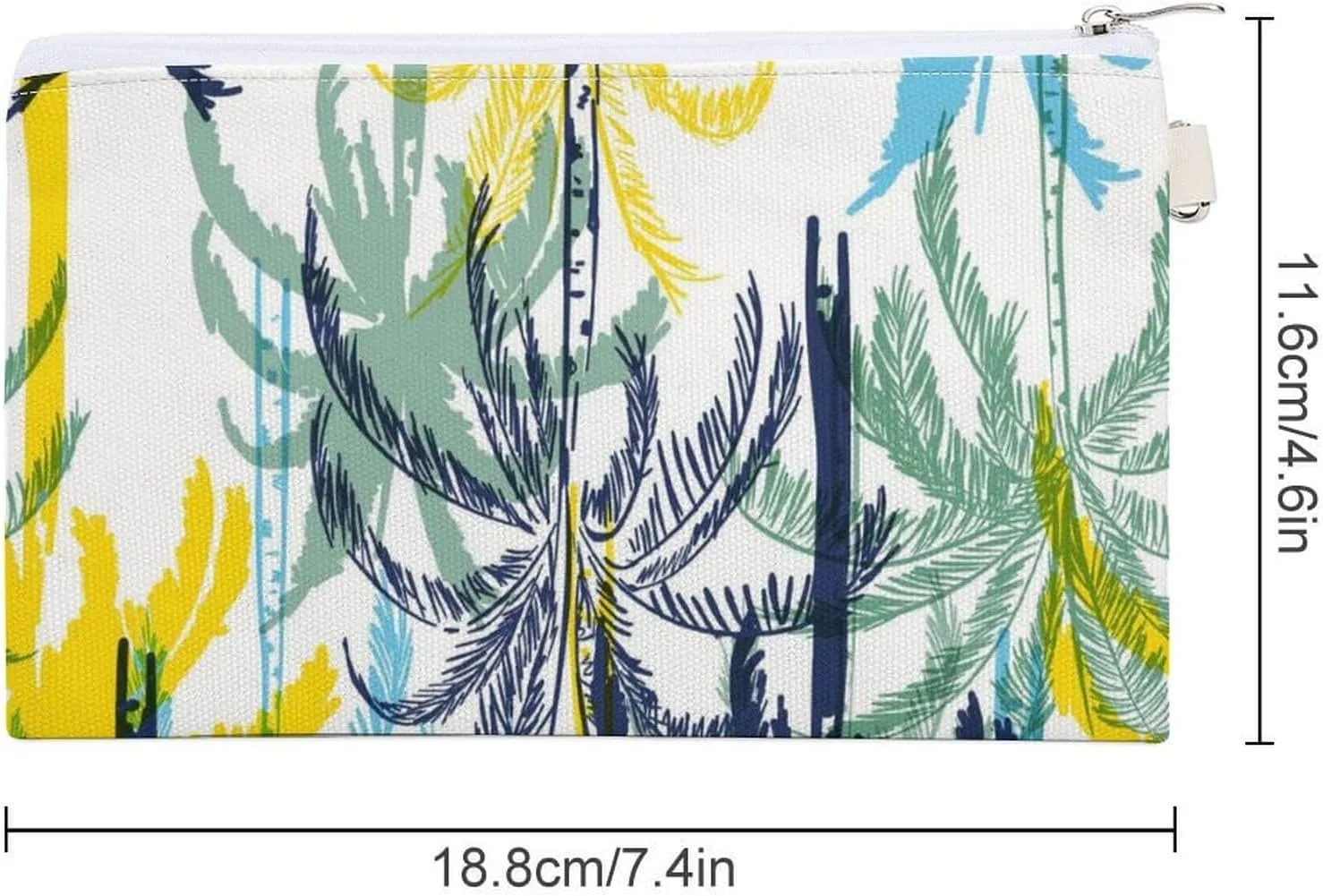 Soft Clutch Wallet, Women Handbag Canvas Zipper Makeup Bag Holder Purse for Credit Coin Bills Crash 7.4x4.6 in Print Yellow Blue Palm Tree Leaves Seamless On White