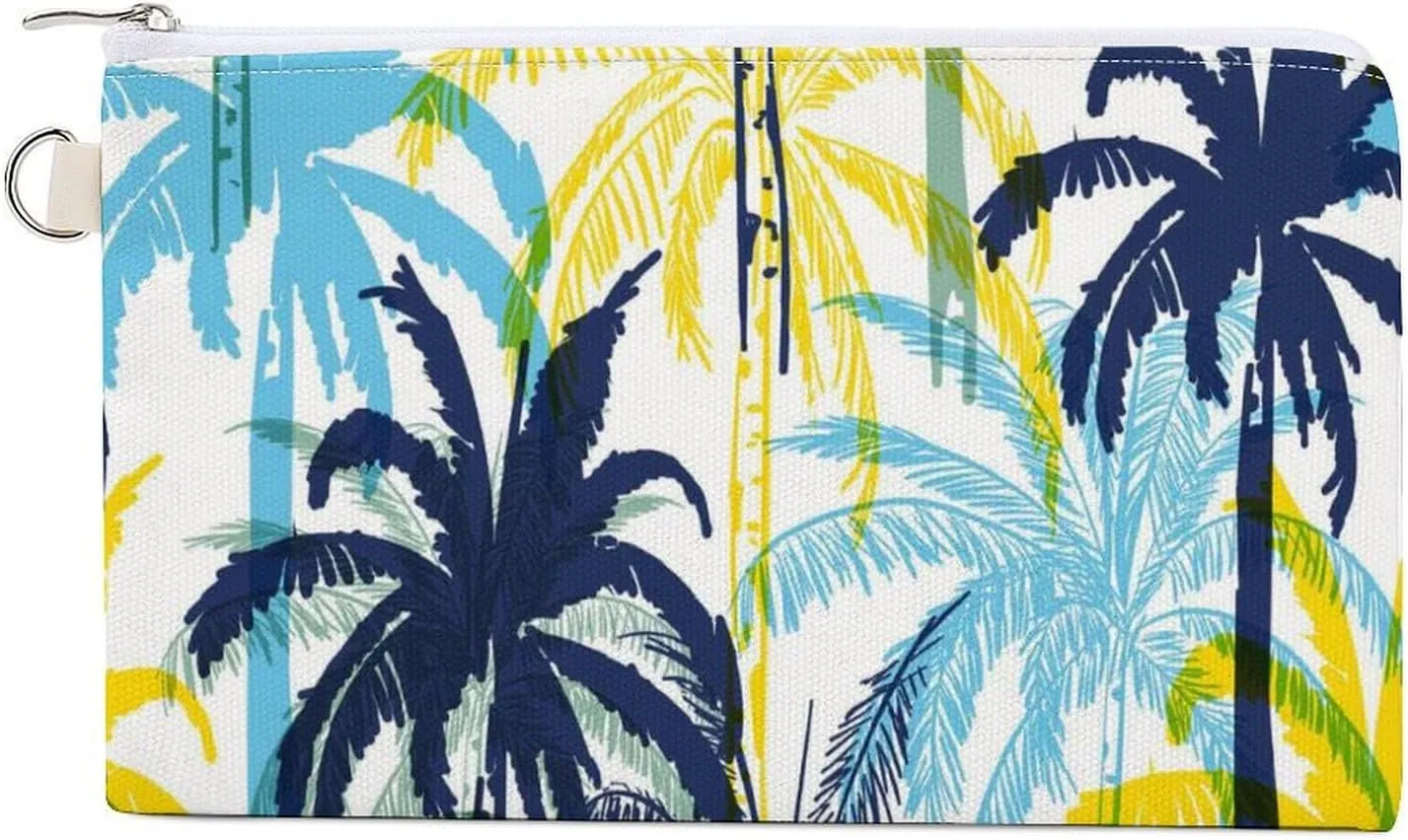 Soft Clutch Wallet, Women Handbag Canvas Zipper Makeup Bag Holder Purse for Credit Coin Bills Crash 7.4x4.6 in Print Yellow Blue Palm Tree Leaves Seamless On White