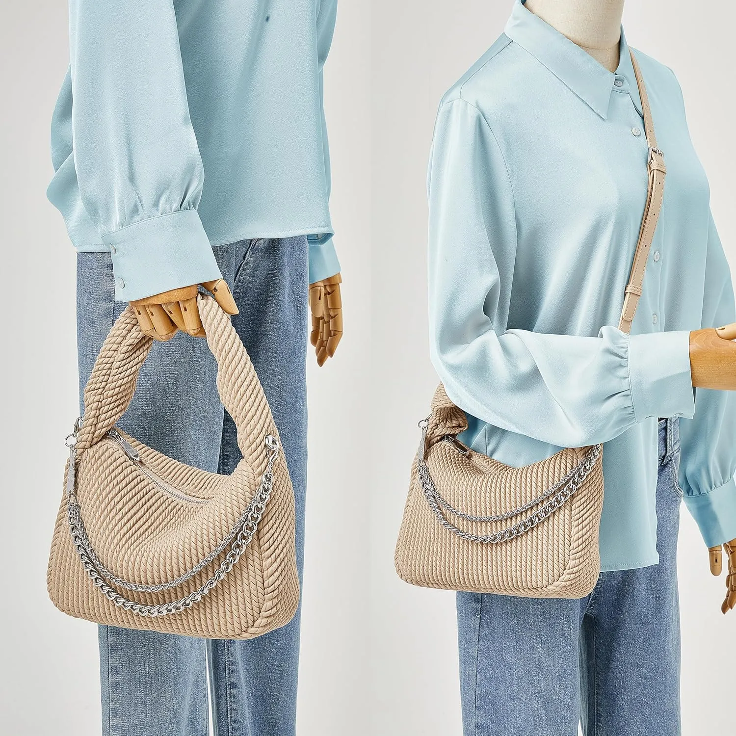 Soft Top Handle Clutch Purse for Women Designer Pleated Hobo Tote Bag with Metal Chain and Adjustable Leather Strap