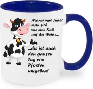 Somemal fühlt man sich wie eine Kuh auf der Weide... - Coffee Mug with Print, Also Individually with Saying, Photo, Desired Text, Desired Name (Blue)