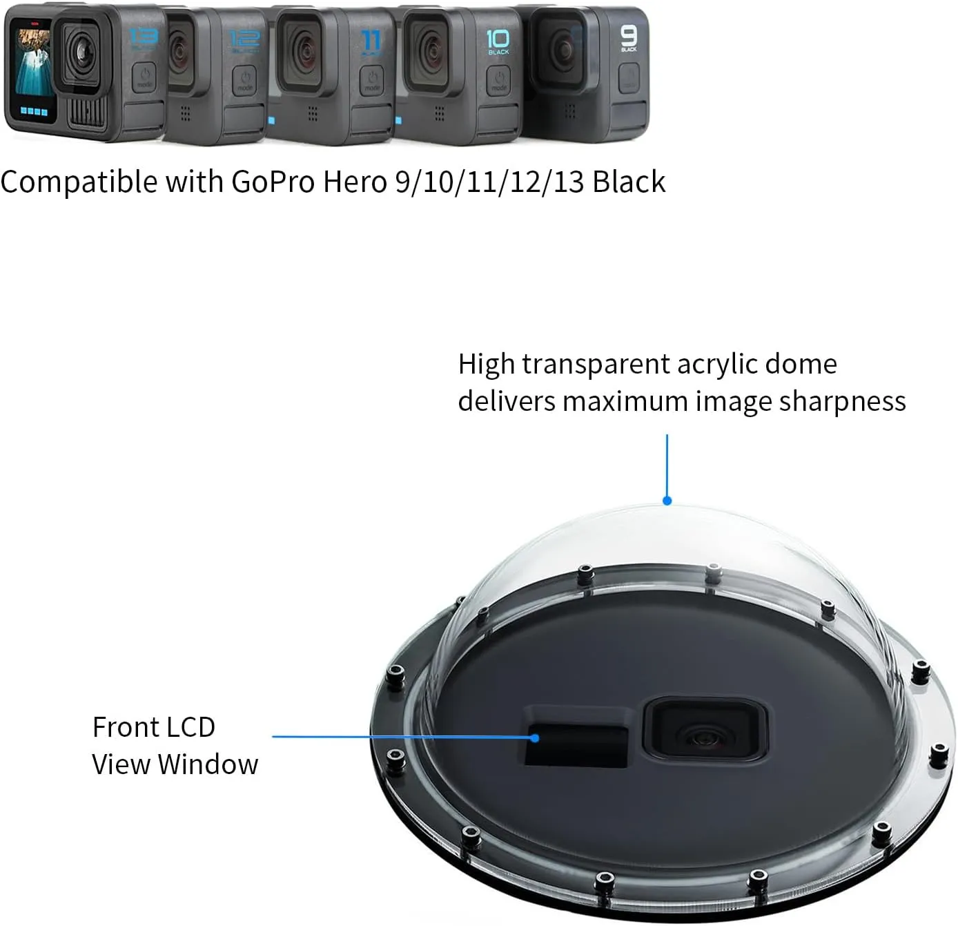 SOONSUN Dome Port for GoPro Hero 13/12/11/10/9 Black, 147 Feet Underwater Water Dome Lens with Waterproof Housing Case, Floating Hand Grip, Trigger for Underwater Photography