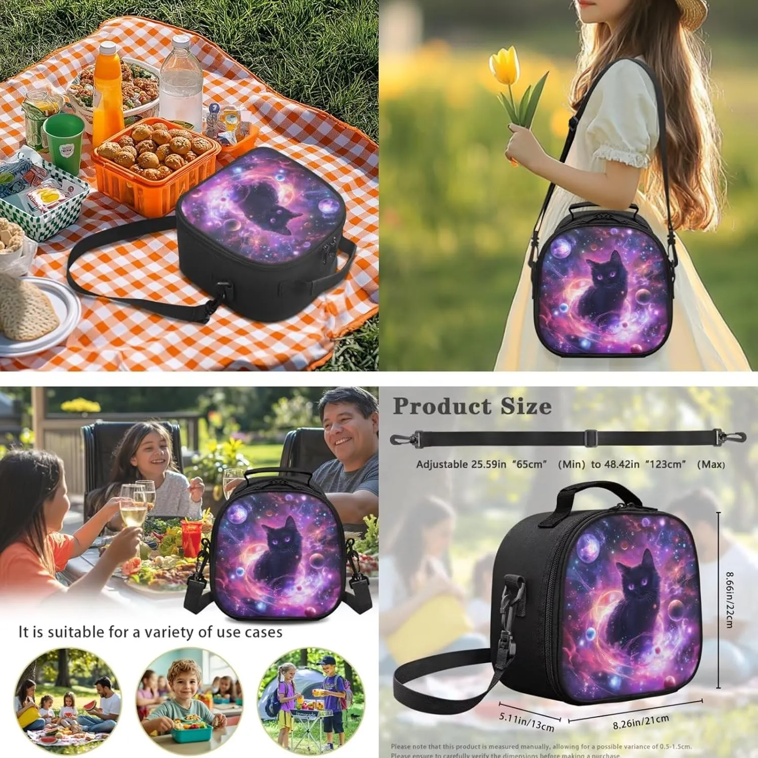 Space Cat Backpack for Kids 4-in-1 Primary School Student Backpack and Lunch Box and Pencil Case Water Bottle Holder Solar System Planet Bookbag/Lunchbox Set for Ages 6-8