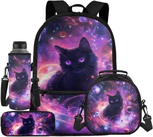 Space Cat Backpack for Kids 4-in-1 Primary School Student Backpack and Lunch Box and Pencil Case Water Bottle Holder Solar System Planet Bookbag/Lunchbox Set for Ages 6-8
