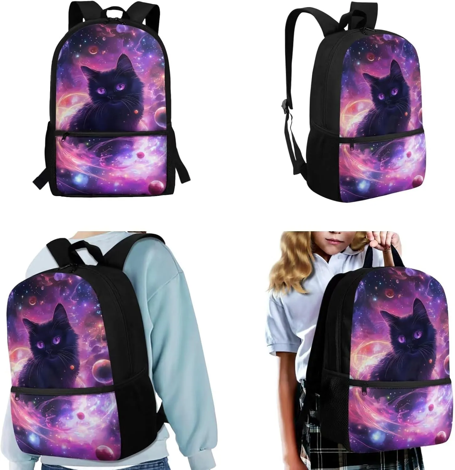 Space Cat Backpack for Kids 4-in-1 Primary School Student Backpack and Lunch Box and Pencil Case Water Bottle Holder Solar System Planet Bookbag/Lunchbox Set for Ages 6-8