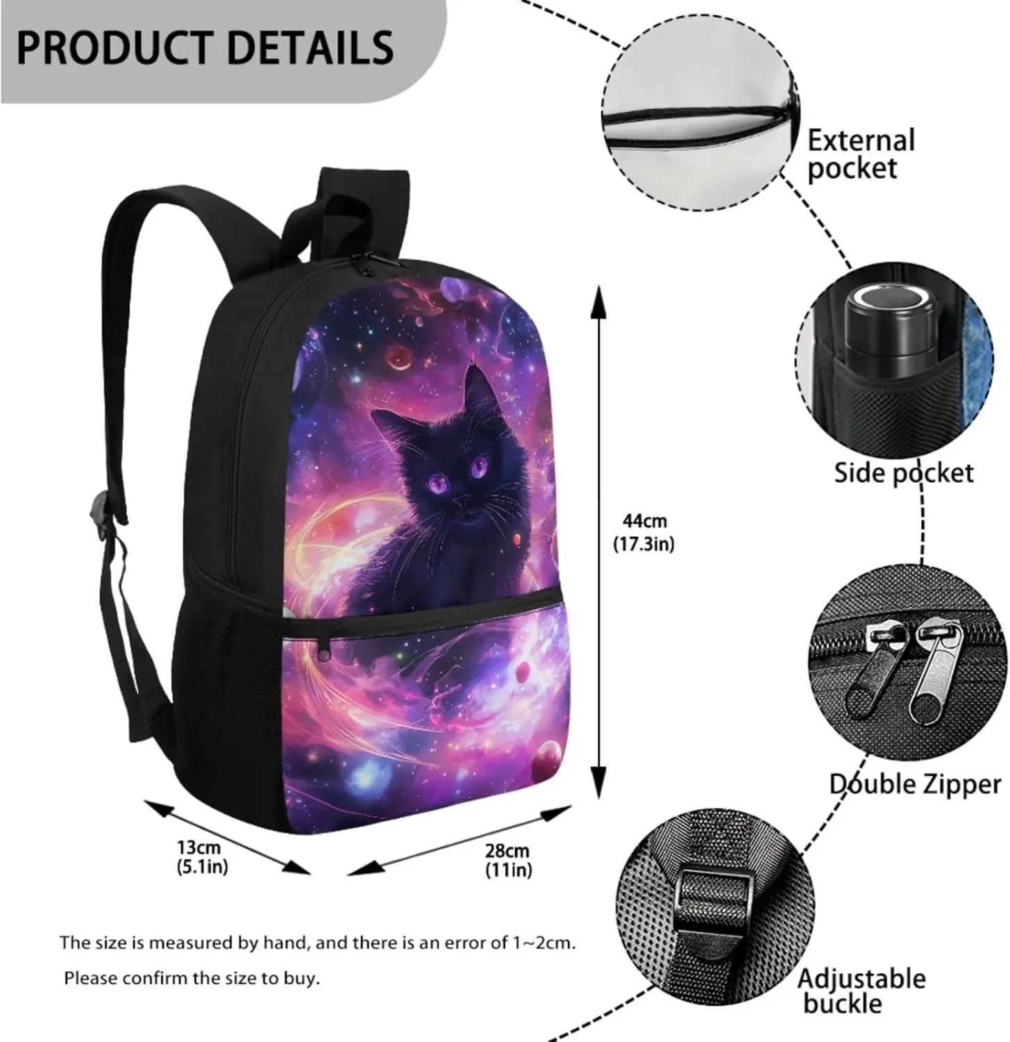 Space Cat Backpack for Kids 4-in-1 Primary School Student Backpack and Lunch Box and Pencil Case Water Bottle Holder Solar System Planet Bookbag/Lunchbox Set for Ages 6-8