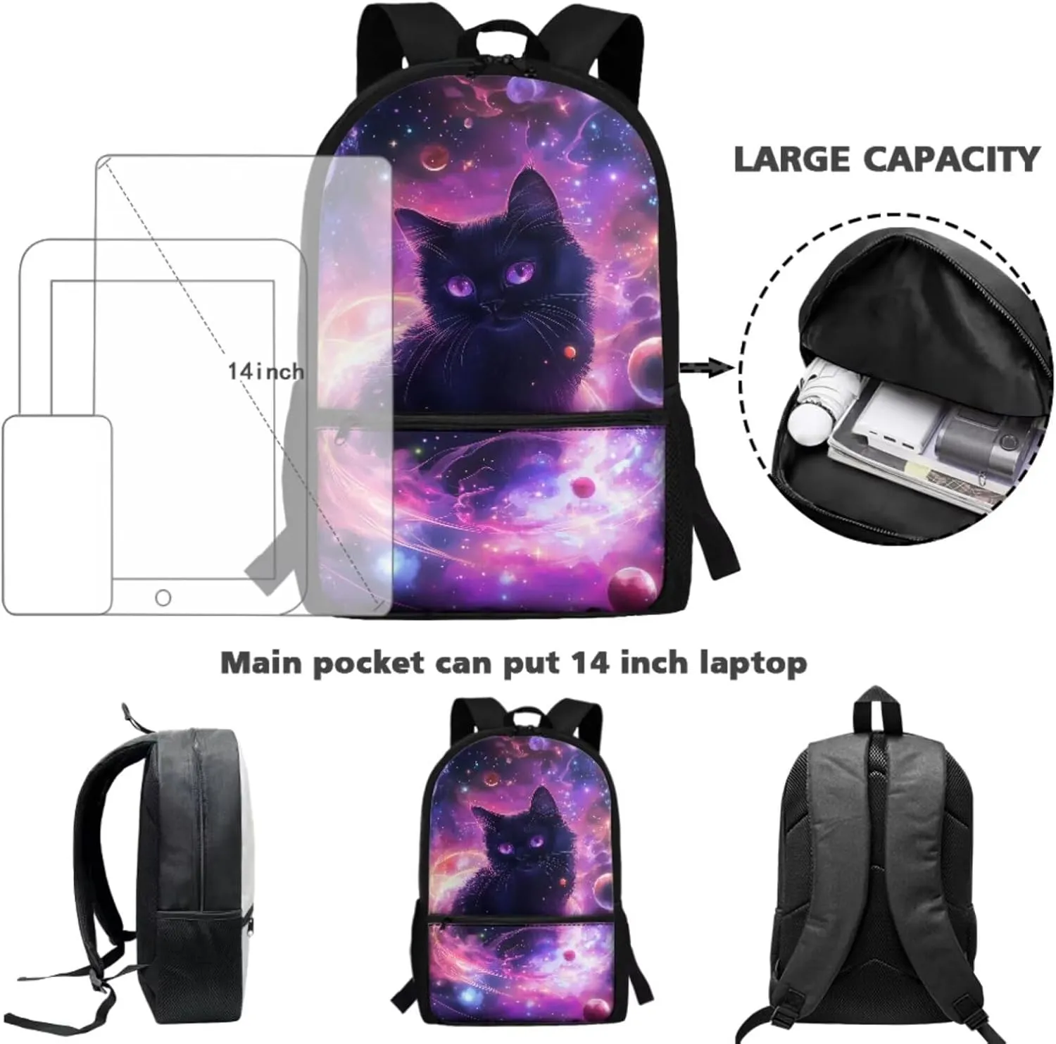Space Cat Backpack for Kids 4-in-1 Primary School Student Backpack and Lunch Box and Pencil Case Water Bottle Holder Solar System Planet Bookbag/Lunchbox Set for Ages 6-8