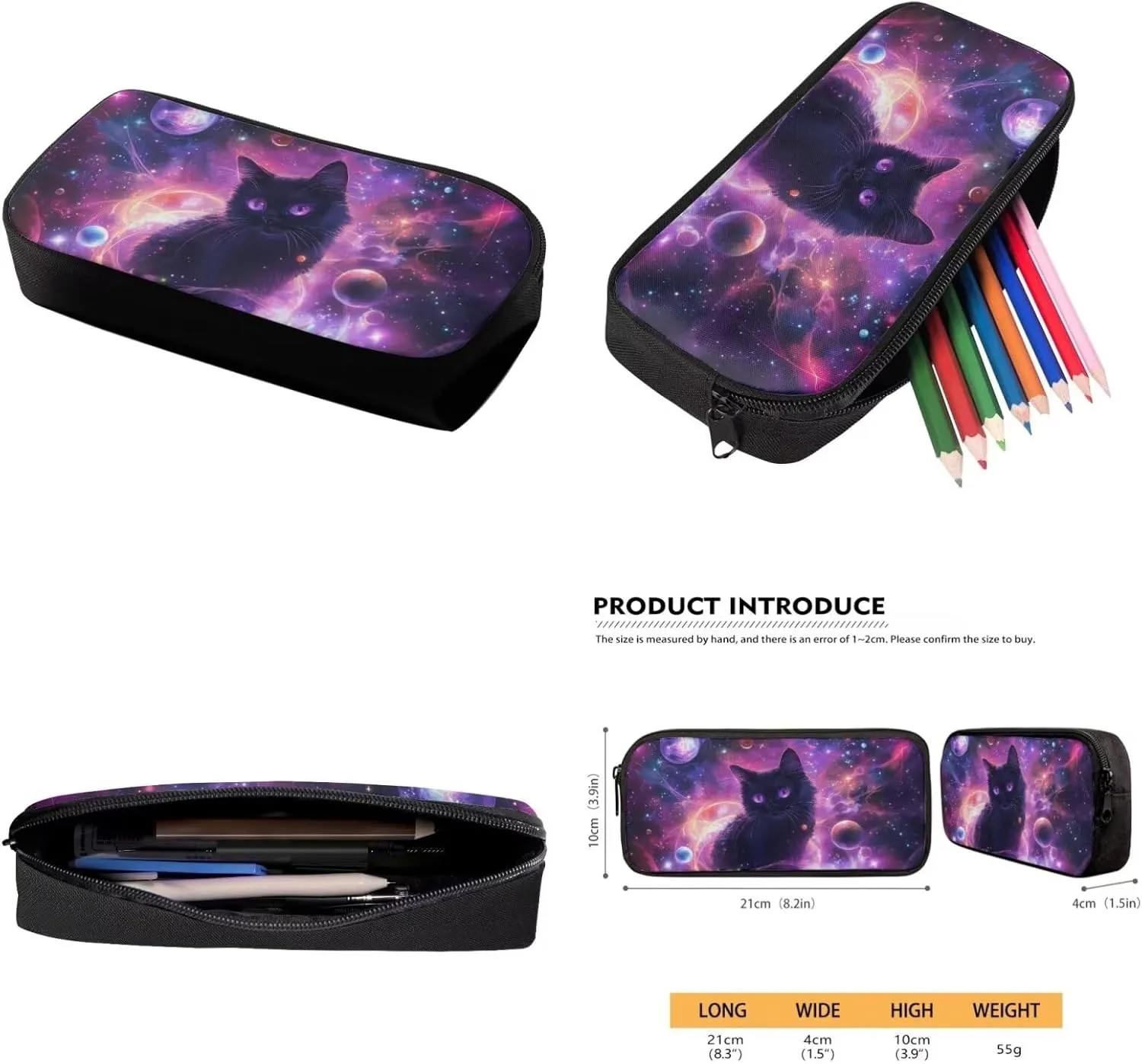 Space Cat Backpack for Kids 4-in-1 Primary School Student Backpack and Lunch Box and Pencil Case Water Bottle Holder Solar System Planet Bookbag/Lunchbox Set for Ages 6-8