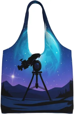 Space Galaxy with Telescope Print Ladies' Single Shoulder Canvas Handbag,Sturdy Cotton Handbag With Patterned Shoulder Bag