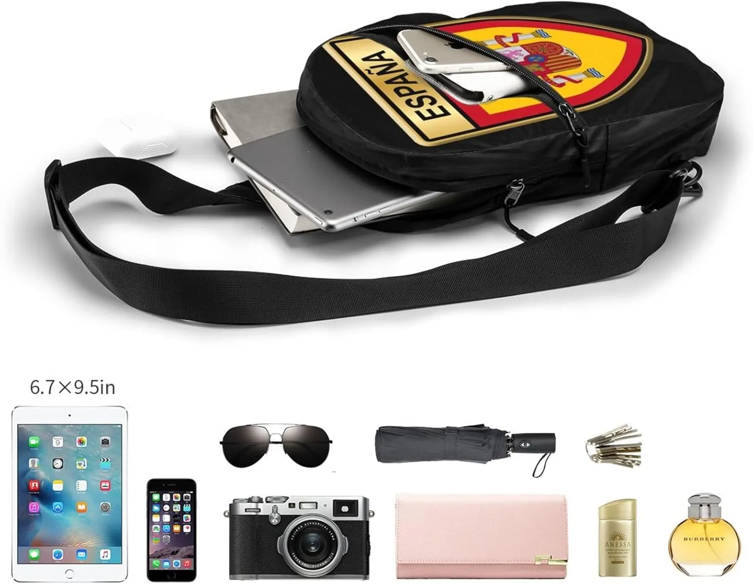 Spain Spanish Espana Flags Crossbody Bag Portable Sling Bags Foldable Chest Daypack Reusable Sports Shoulder Backpack Diagonally Casual Rucksack Travel Bag