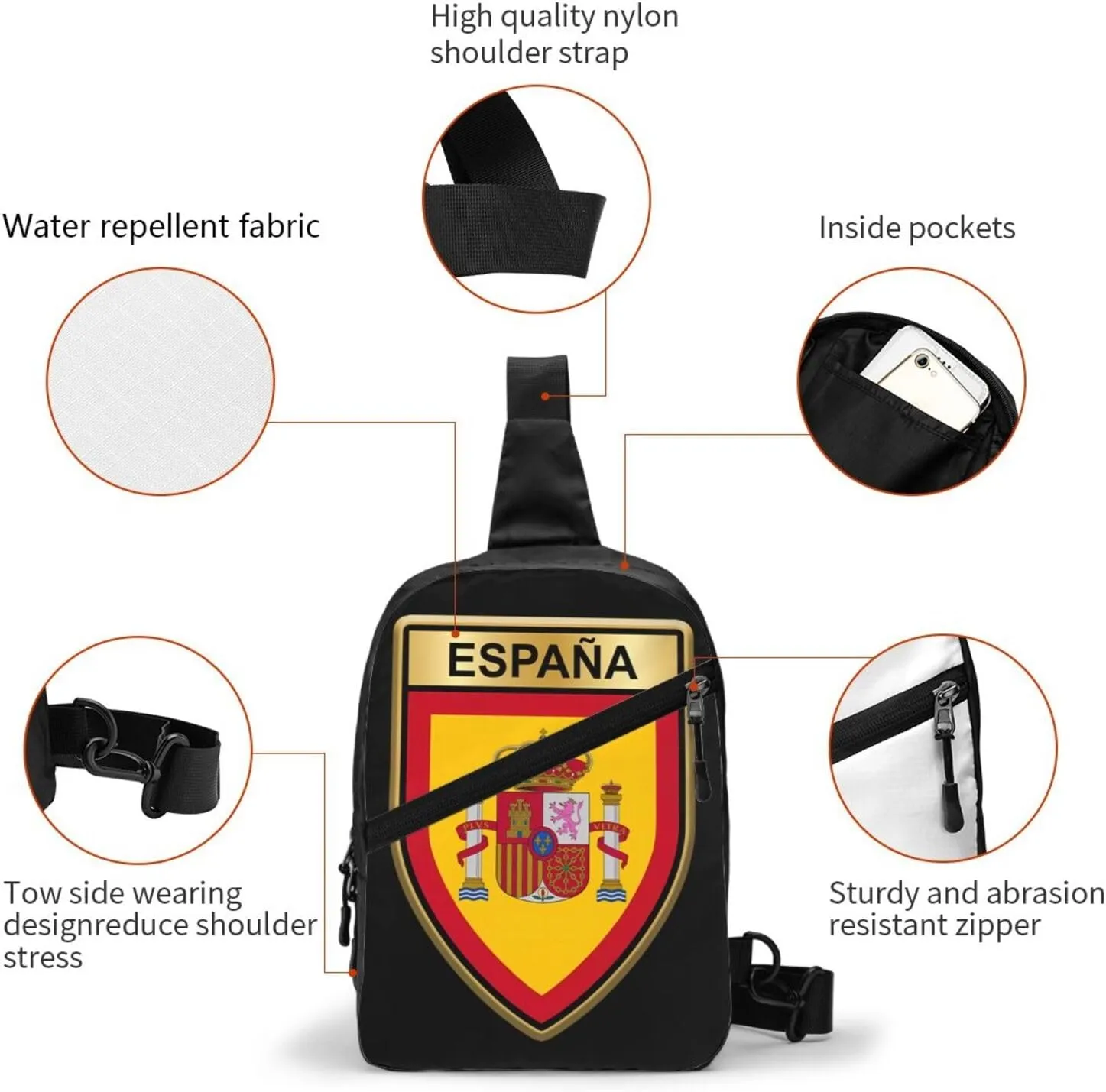 Spain Spanish Espana Flags Crossbody Bag Portable Sling Bags Foldable Chest Daypack Reusable Sports Shoulder Backpack Diagonally Casual Rucksack Travel Bag