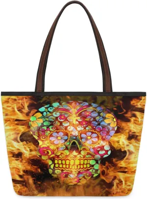 Sparks Flower Skulls Tote Bag Multi Pocket Zippered Beach Bag Lightweight Waterproof Handbag
