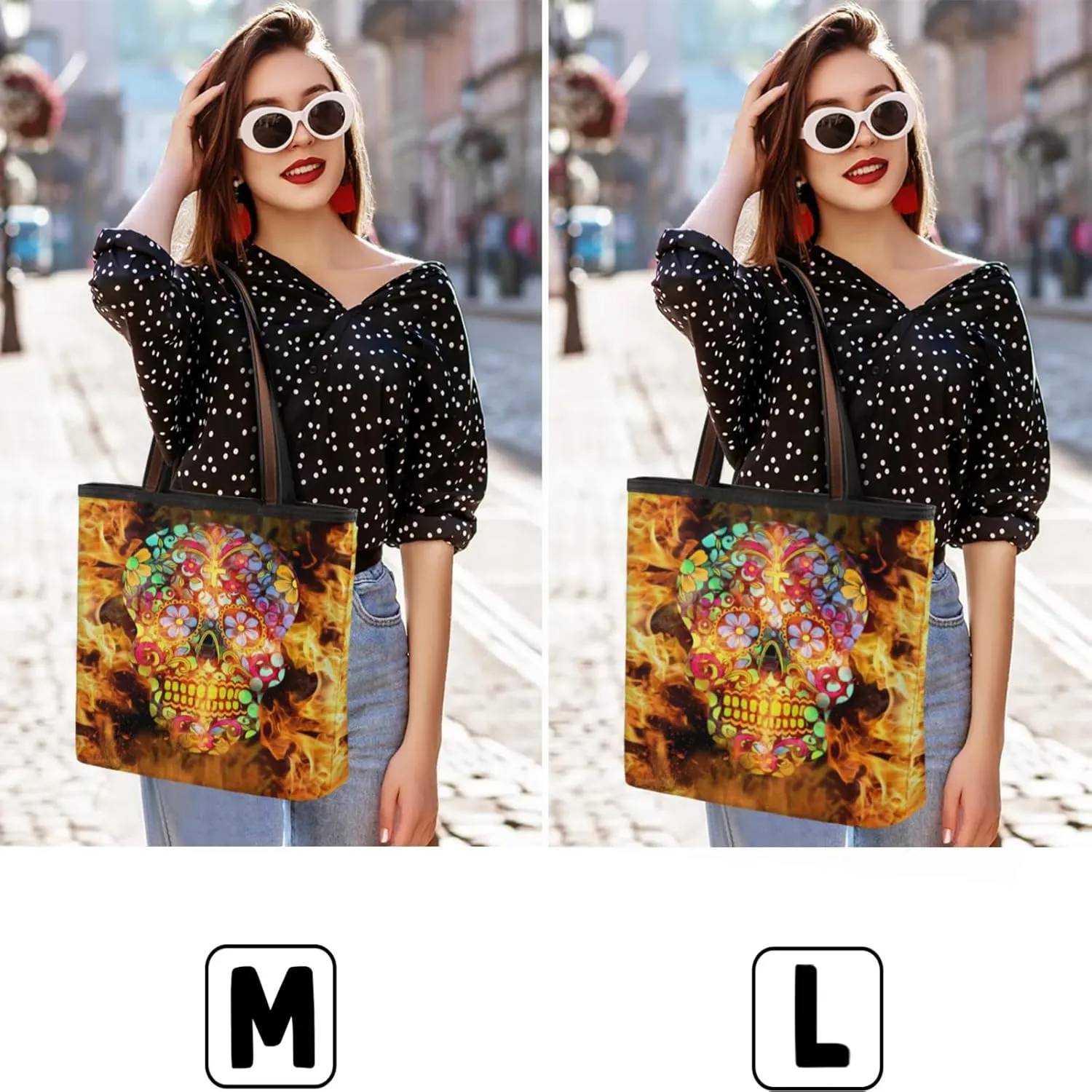 Sparks Flower Skulls Tote Bag Multi Pocket Zippered Beach Bag Lightweight Waterproof Handbag