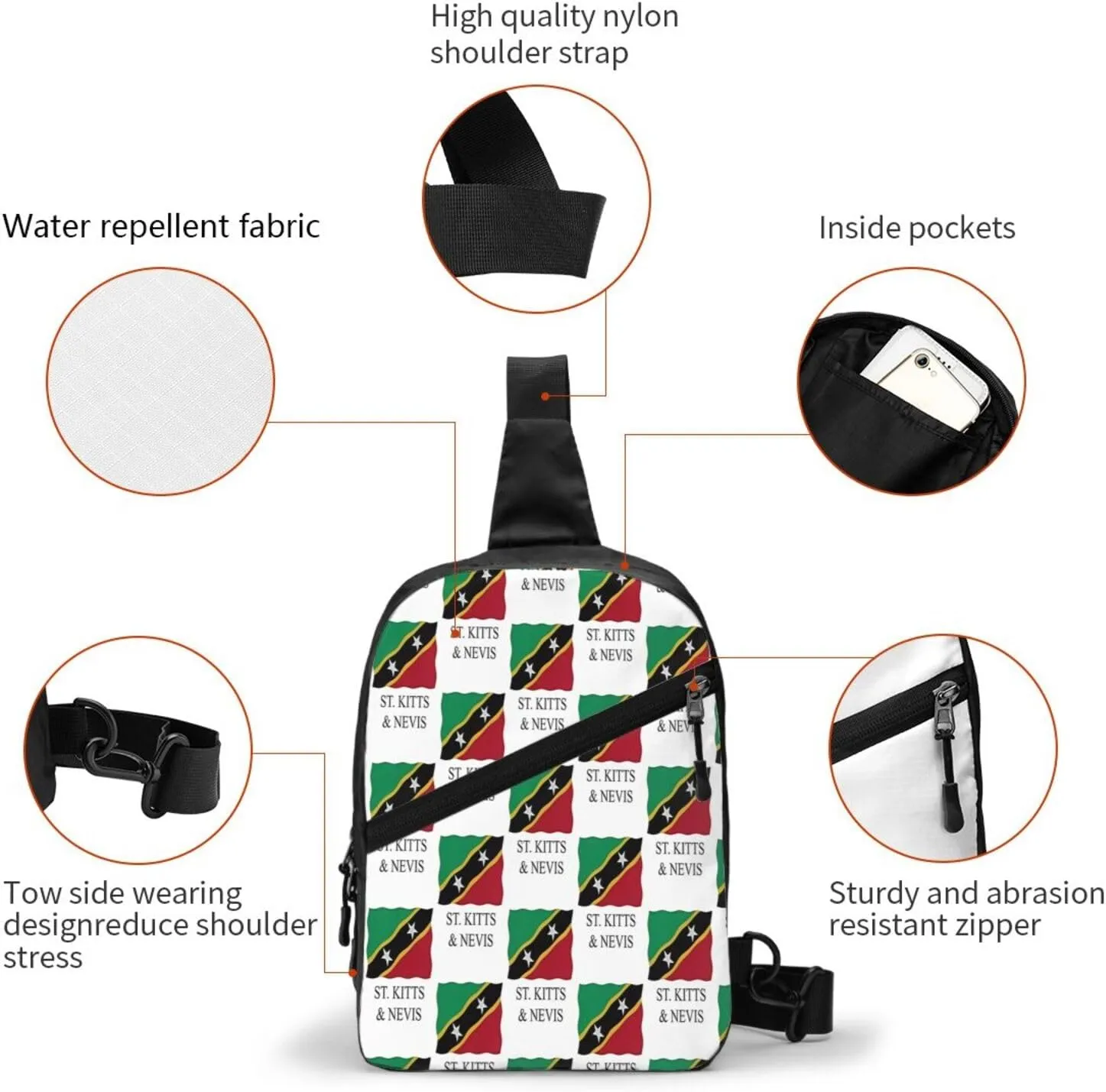 St Kitts Nevis flag Crossbody Bag Portable Sling Bags Foldable Chest Daypack Reusable Sports Shoulder Backpack Diagonally Casual Rucksack Travel Bag