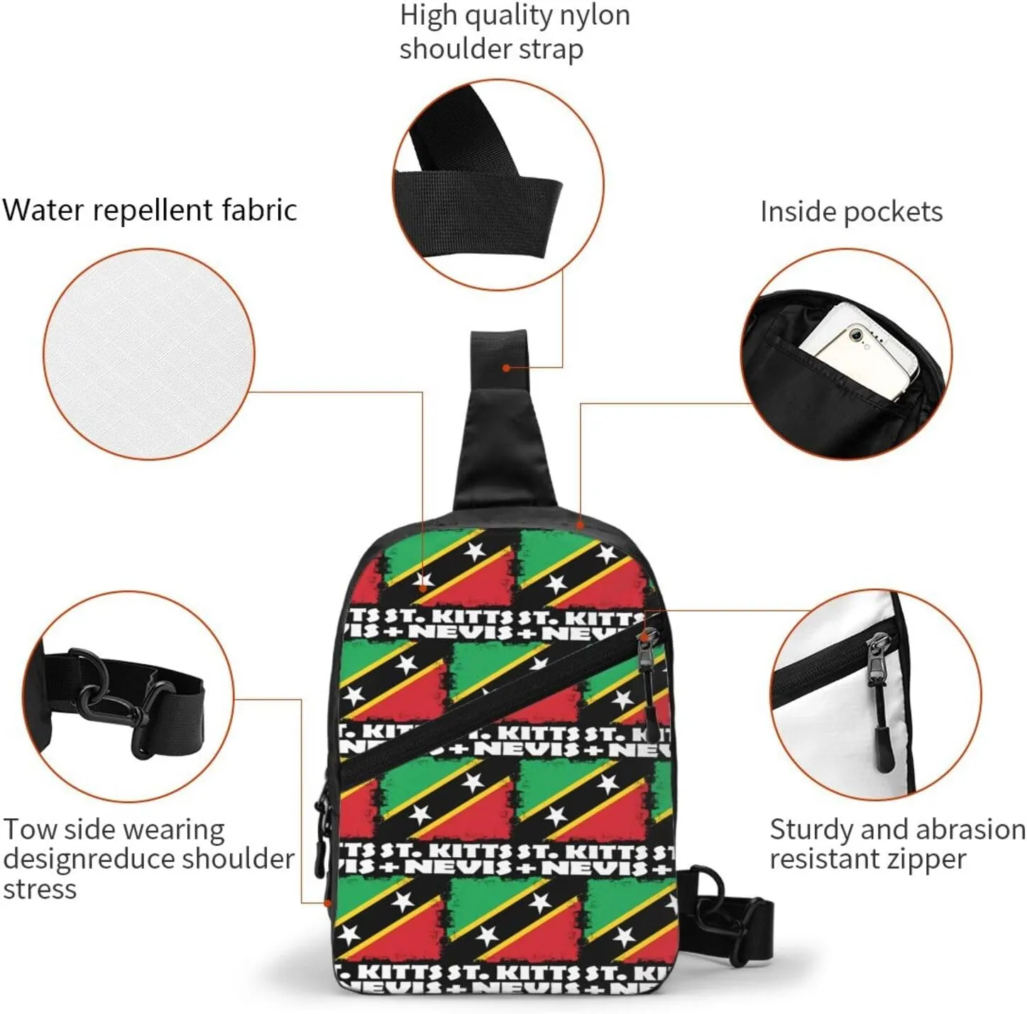 St Kitts Nevis National Flag Crossbody Bag Portable Sling Bags Foldable Chest Daypack Reusable Sports Shoulder Backpack Diagonally Casual Rucksack Travel Bag