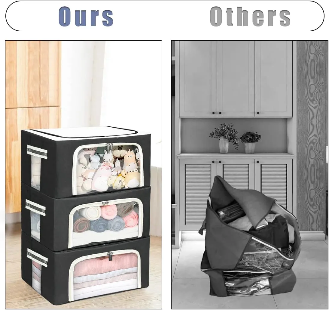 Stackable Clothes Storage Box for Clothing Gadgets,Steel Frame Storage Bins for Toys Gift,Foldable Oxford Fabric Closet Organizer Bag Set w/Carry Handles Clear Window (Small- 22L x3 Pack, Black)