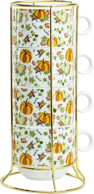 Stackable Coffee Tea Mug 10-Ounce Set of 4 with Metal Stand (Harvest Pumpkins)