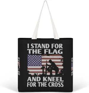 Stand For Flag Kneel For Cross Fashion Women Handbags Full Printed Shopping Canvas Tote Bag For Work Travel