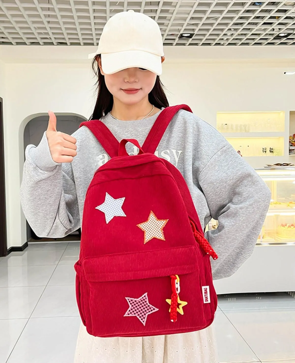 Star Backpack Kawaii Large Capacity Aesthetic Rucksack Cute Accessories Bag for Woman Light-hearted Mori (Red,Large)