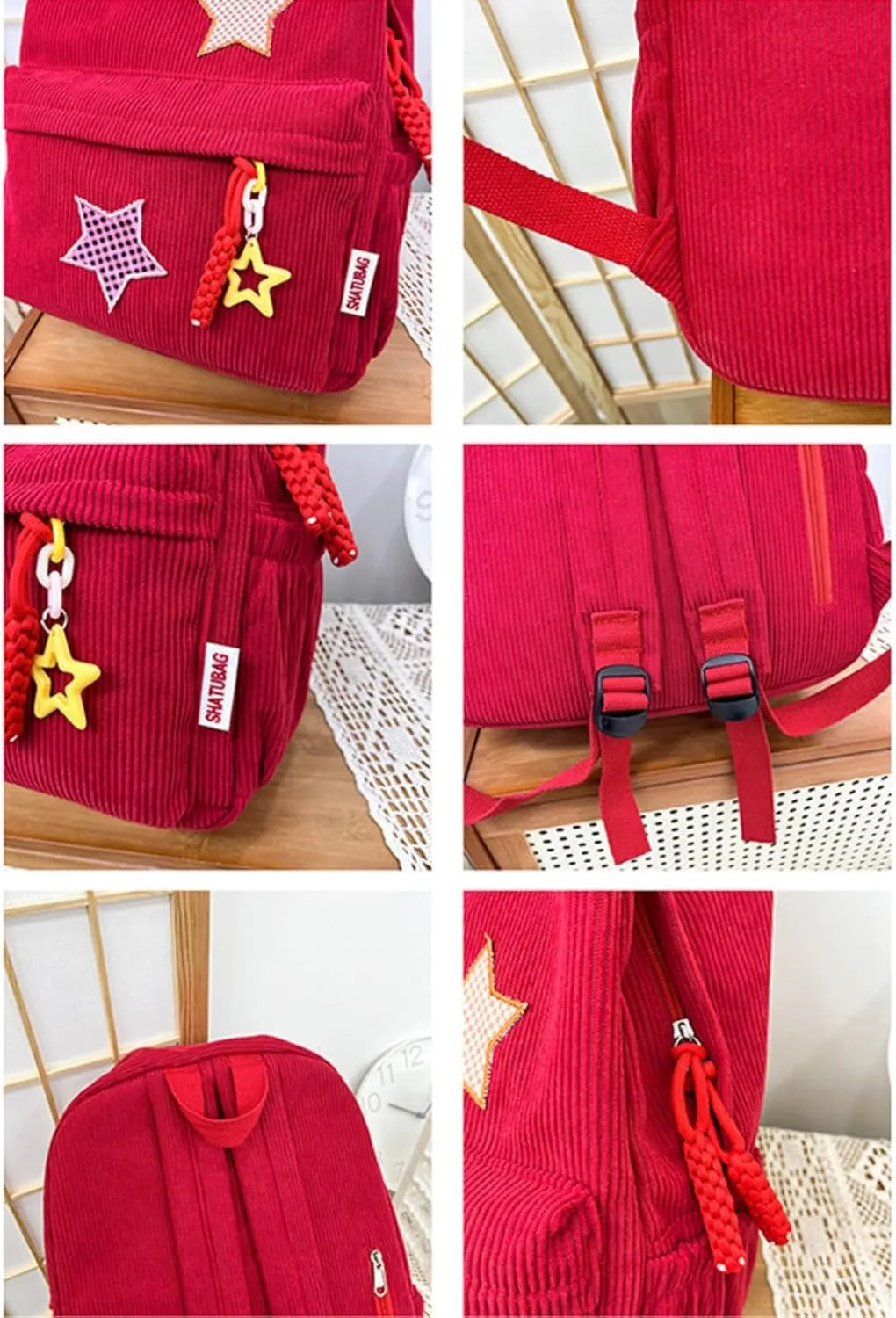 Star Backpack Kawaii Large Capacity Aesthetic Rucksack Cute Accessories Bag for Woman Light-hearted Mori (Red,Large)