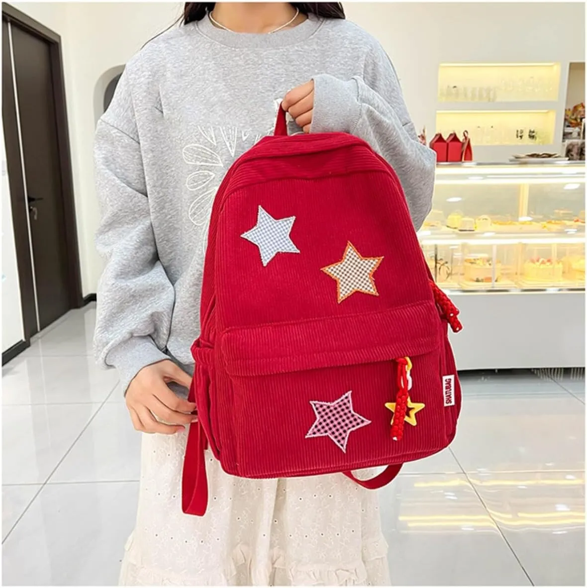 Star Backpack Kawaii Large Capacity Aesthetic Rucksack Cute Accessories Bag for Woman Light-hearted Mori (Red,Large)