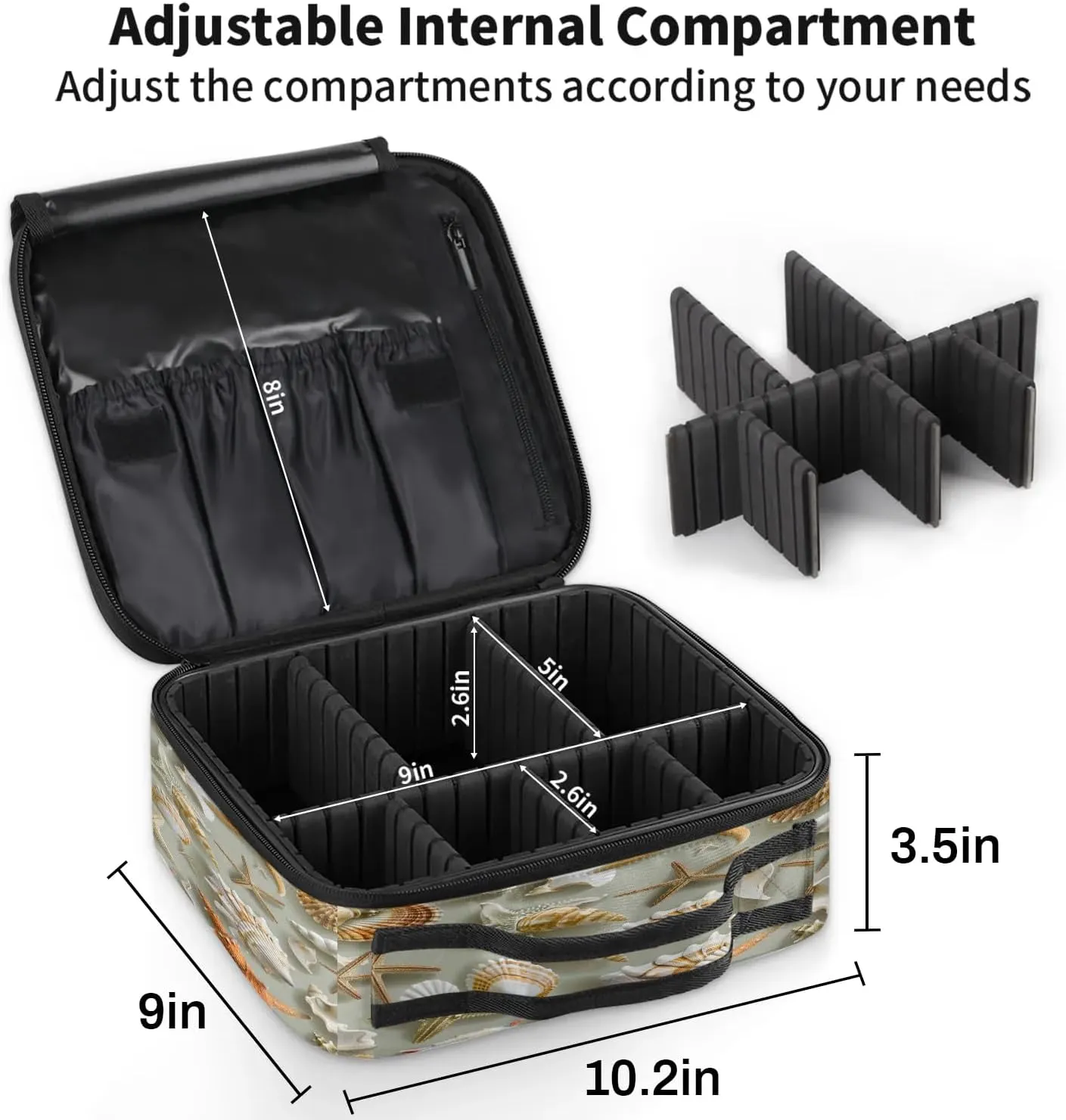Starfish Travel Makeup Train Case Cosmetic Bag Organizer Portable Tropical Seashells and Scallops Storage Bag with Adjustable Dividers for Cosmetics Makeup Brushes Toiletry Jewelry