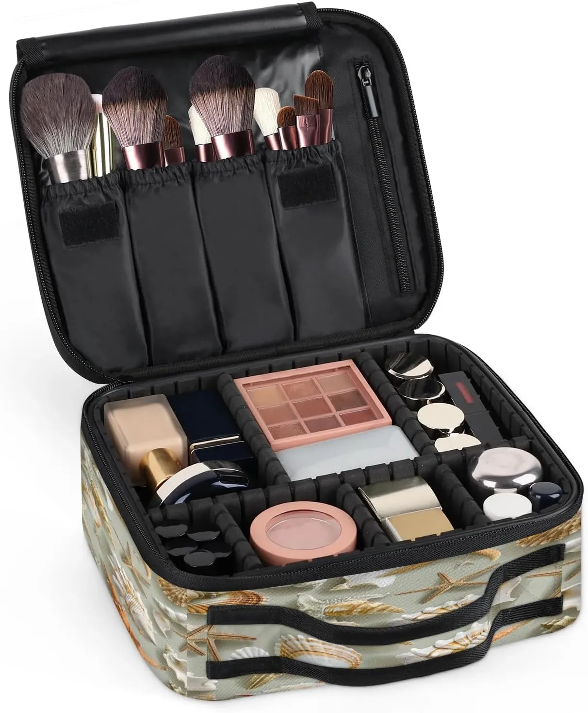 Starfish Travel Makeup Train Case Cosmetic Bag Organizer Portable Tropical Seashells and Scallops Storage Bag with Adjustable Dividers for Cosmetics Makeup Brushes Toiletry Jewelry