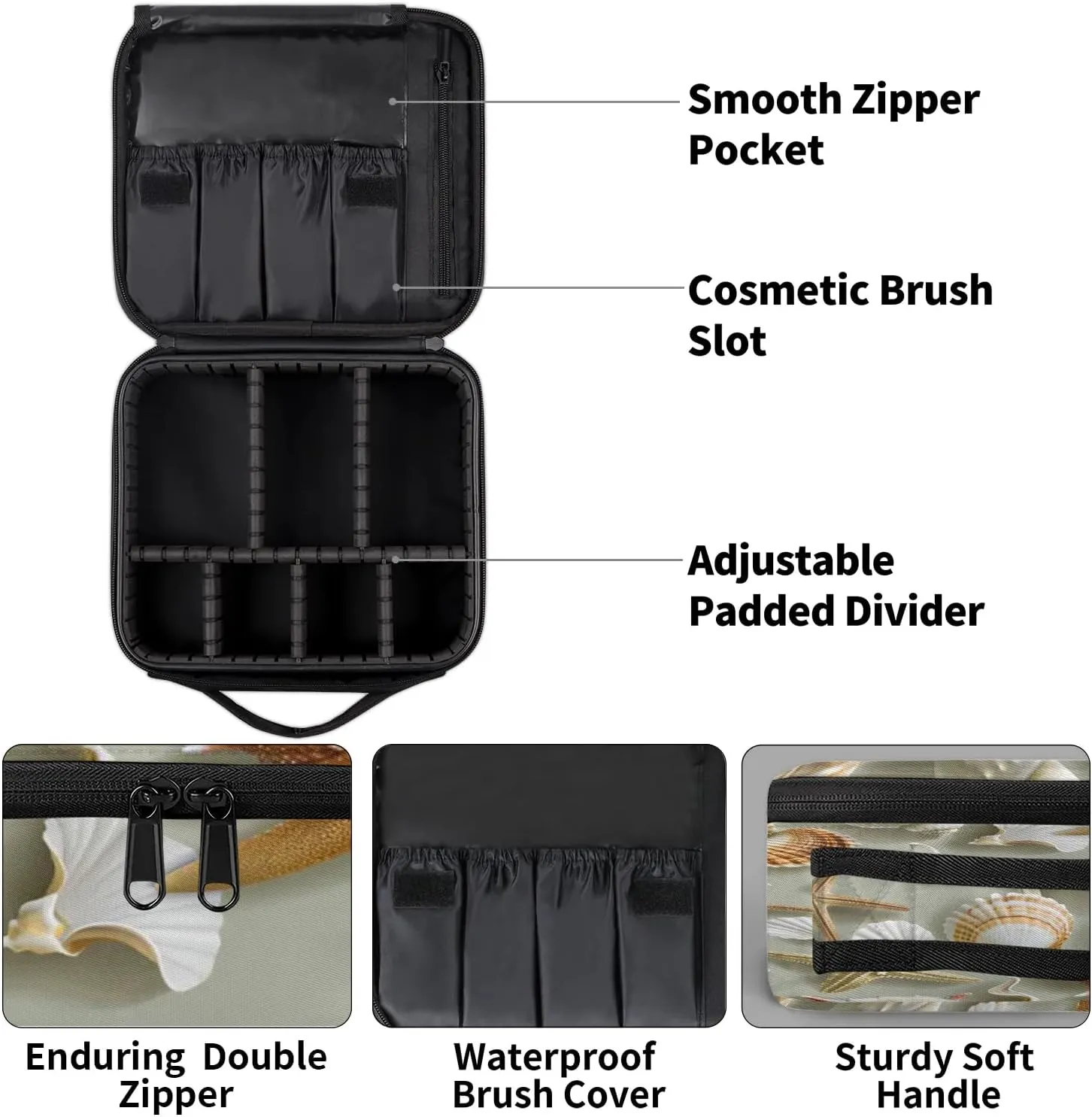 Starfish Travel Makeup Train Case Cosmetic Bag Organizer Portable Tropical Seashells and Scallops Storage Bag with Adjustable Dividers for Cosmetics Makeup Brushes Toiletry Jewelry
